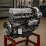 High-resolution image of an Isuzu 6BG1 inline six-cylinder diesel engine during rebuild inspection